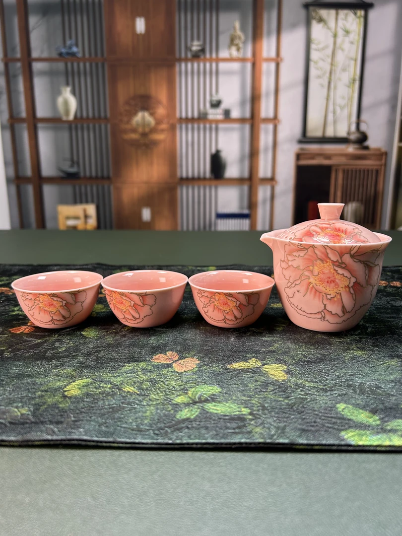 粉色牡丹一壶三杯旅行套（带包）SF-KK  0216