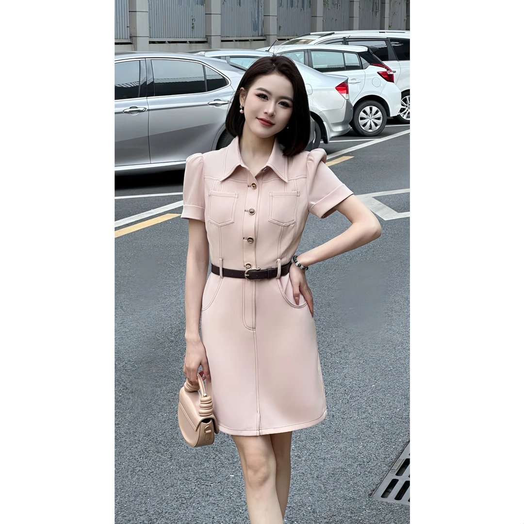 春夏2025新款时尚粉色优雅通勤复古气质修身显瘦轻熟女神范连衣裙