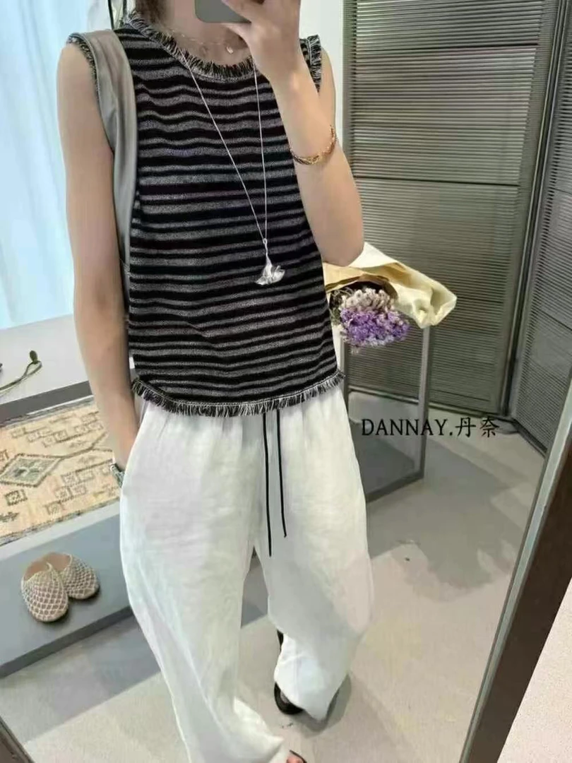 2025夏季新款韩版复古流苏边设计圆领显瘦条纹无袖针织衫背心女潮