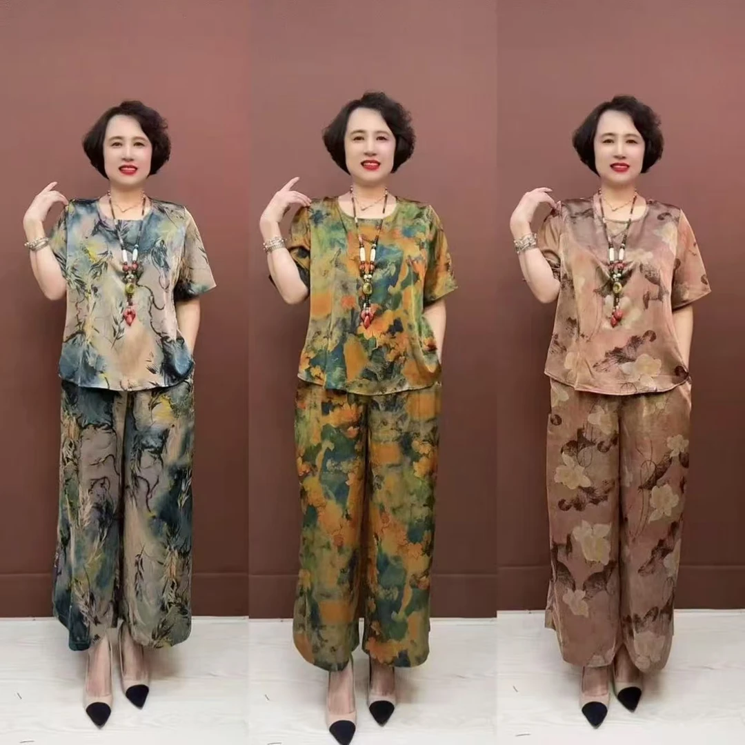 206妈妈装夏装高档套装圆领新款中老年女装夏季休闲风气质两件套