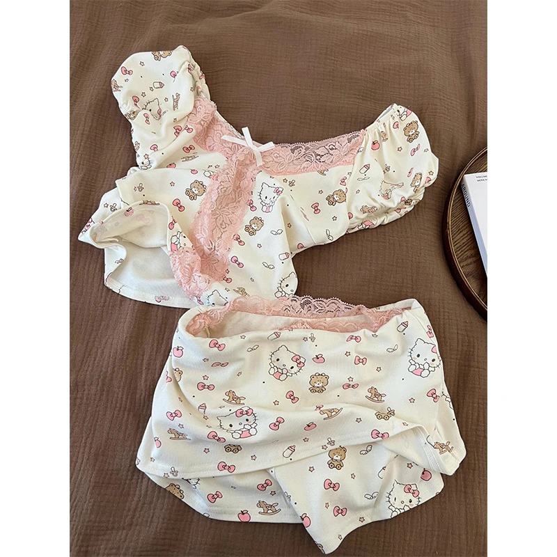 【小熊kitty】韩系甜美清纯睡衣女新款蕾丝边短袖短裤家居服两件套