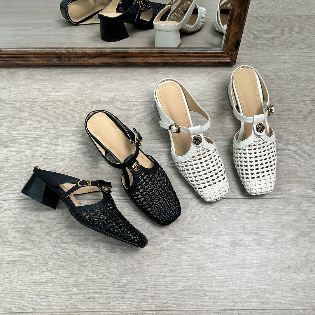 4cm/ED2139羊皮粗跟编织镂空凉拖鞋女夏季法式中跟包头半拖鞋网红