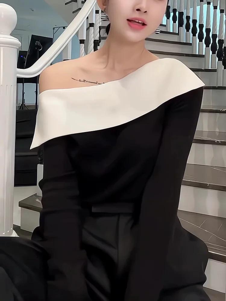 【大碗】御姐拼色一字肩T恤女性感设计高级气质显瘦百搭打底衫上衣