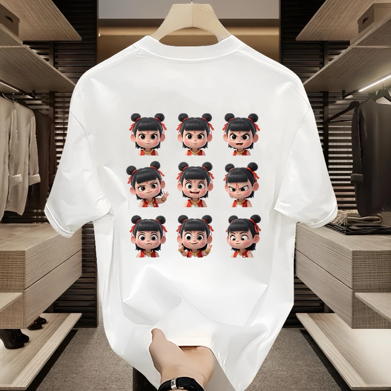 2025新款潮牌男士纯棉短袖t恤男圆领上衣潮牌潮流哪吒主题印花ins