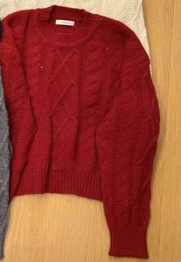 /波尔多红/圆领麻花毛衣女宽松慵懒风针织衫 衣长54 胸围60 93699