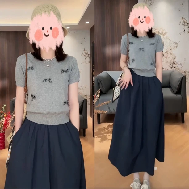 洋气休闲装2025夏季修身显瘦针织上衣百搭半身裙套装温柔知性衣服