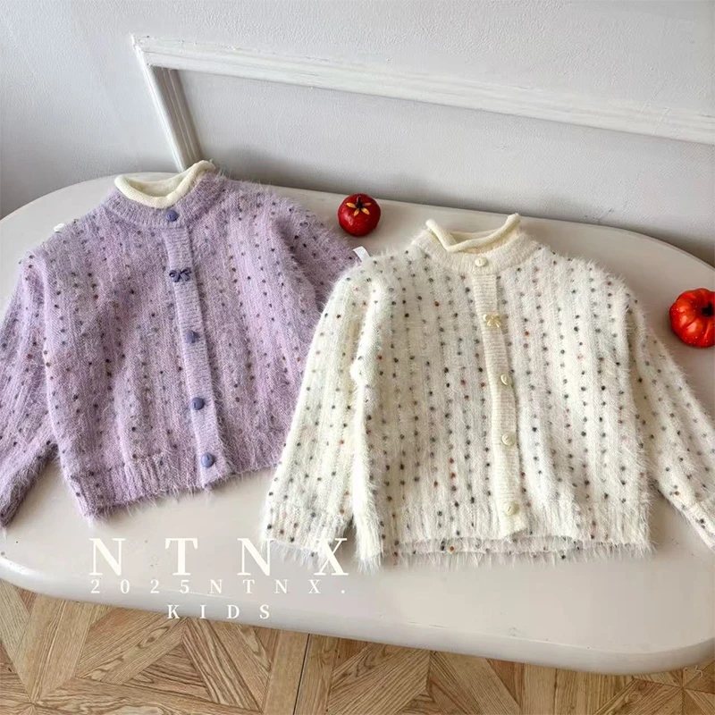 女童冬季毛衣2025新款女宝彩纱加厚假两件毛衣Q2501523