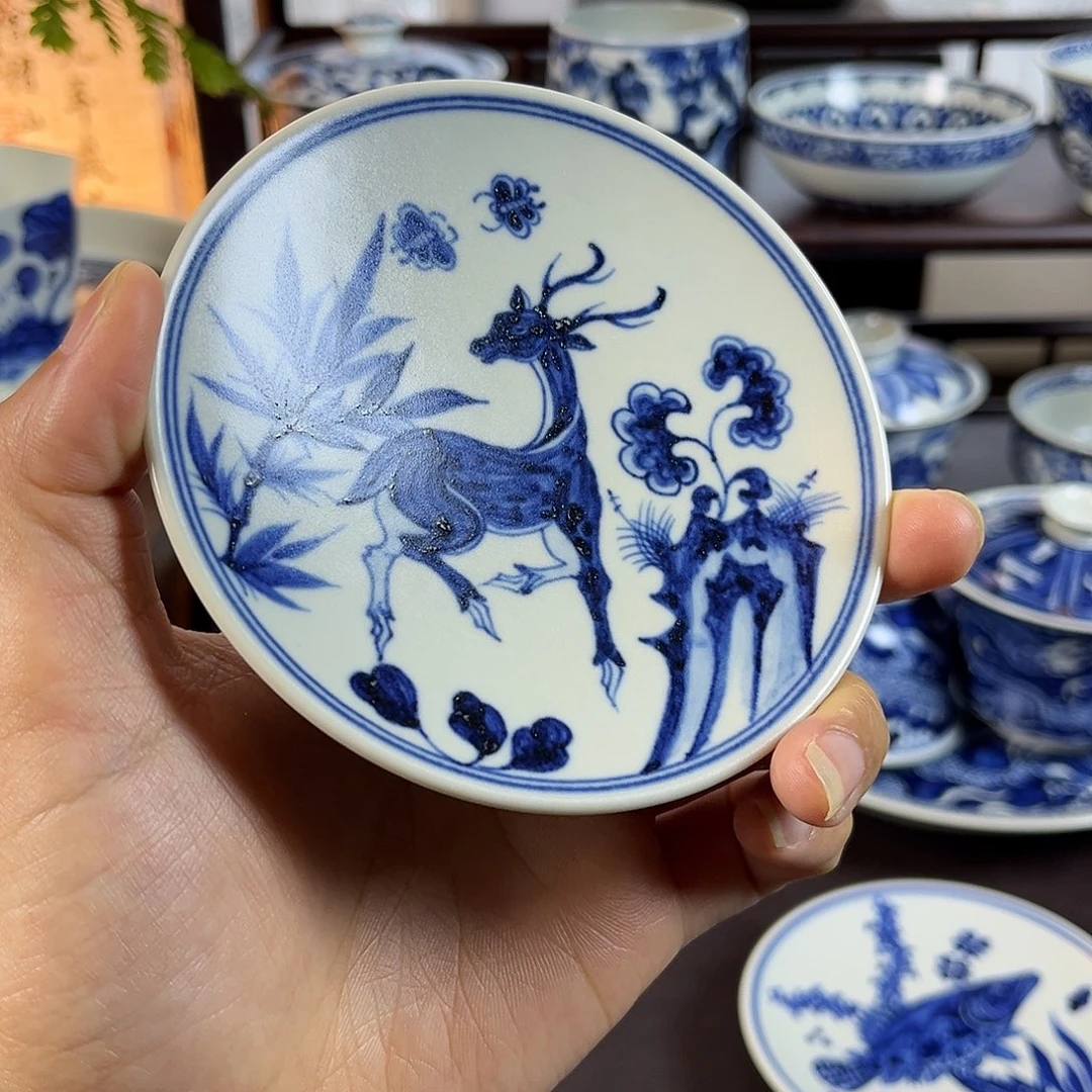朝岚夕霞元青花鹿纹杯垫全手绘原矿釉烧制