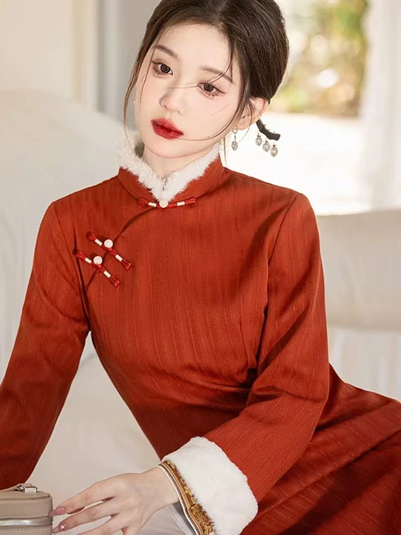 1629 砖红色 双袖 （红红火火）冬款 旗袍