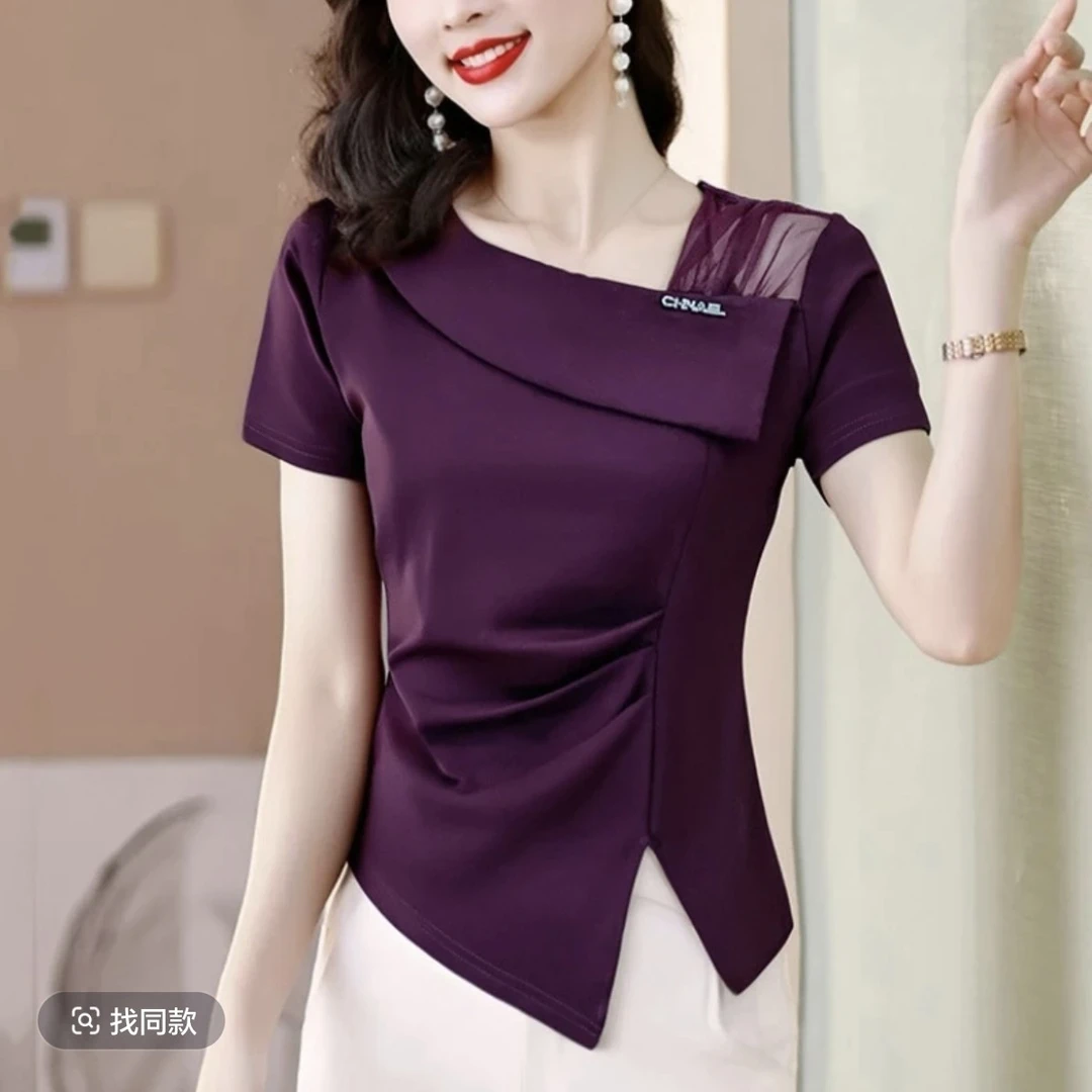 （送胸针）【2519】法式不规则领洋气百搭t恤显瘦遮肉减龄大气