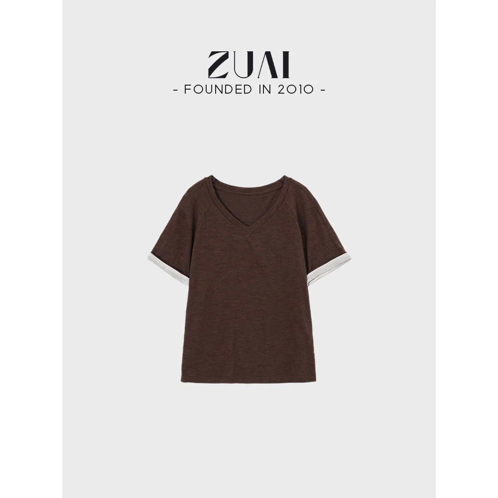 【32支精梳竹节棉透气舒服T】袖口撞色V领简约短袖T恤女W23BA7213