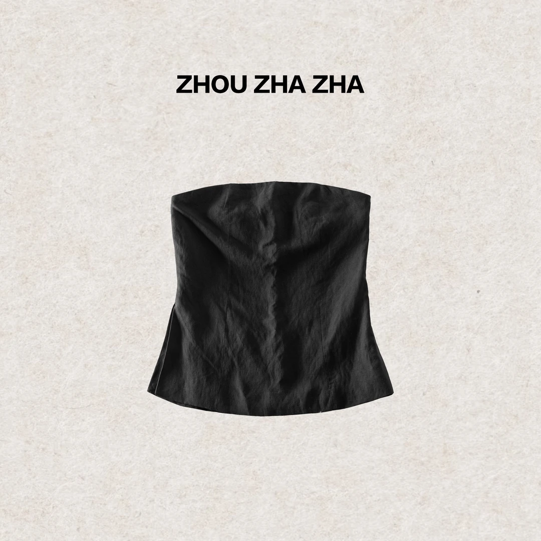 【周炸炸】天丝亚麻混纺 设计感小吊带直领胸裹式上衣可外穿#250213