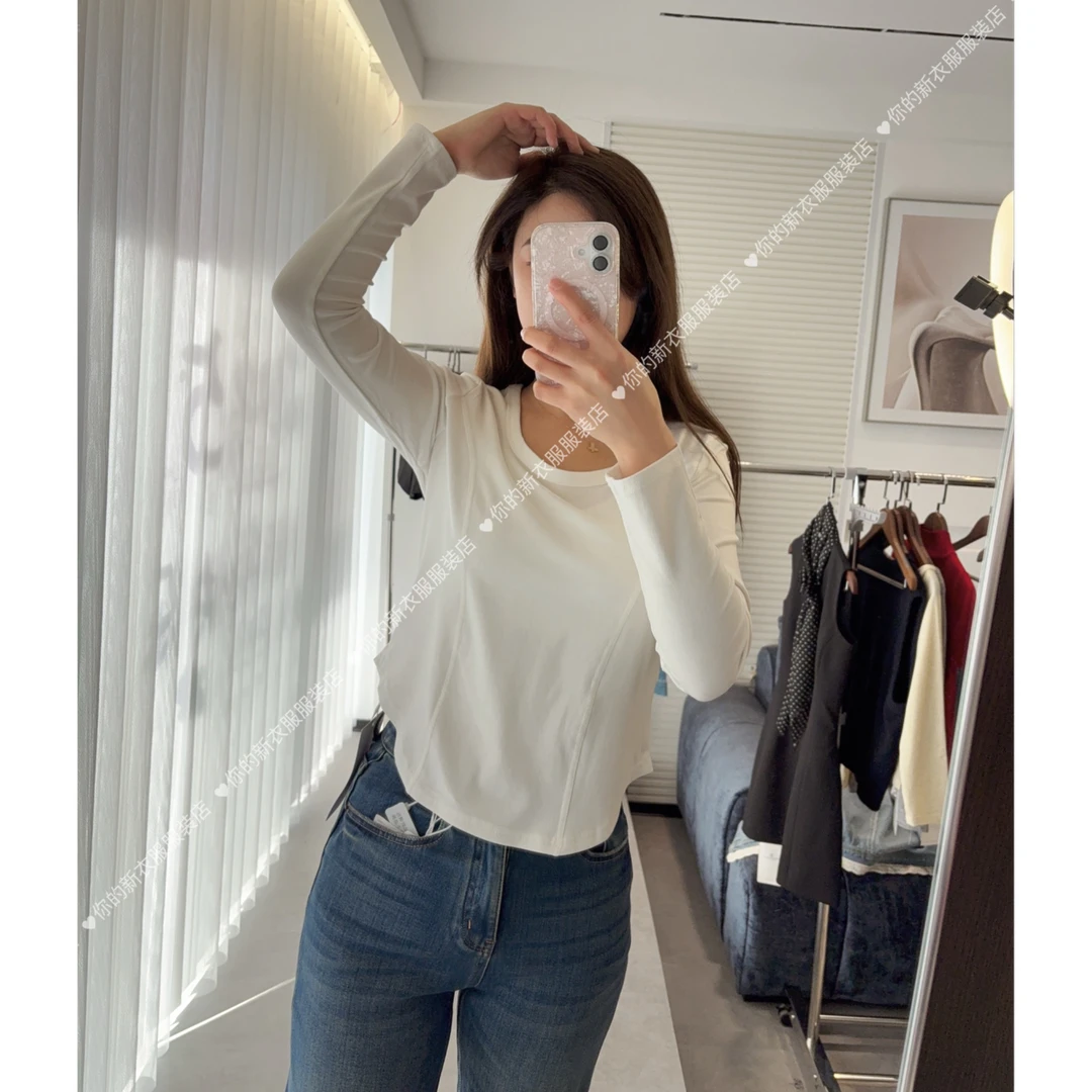 方领春秋长袖打底衫女T纯色收腰鱼骨上衣不规则显瘦设计感