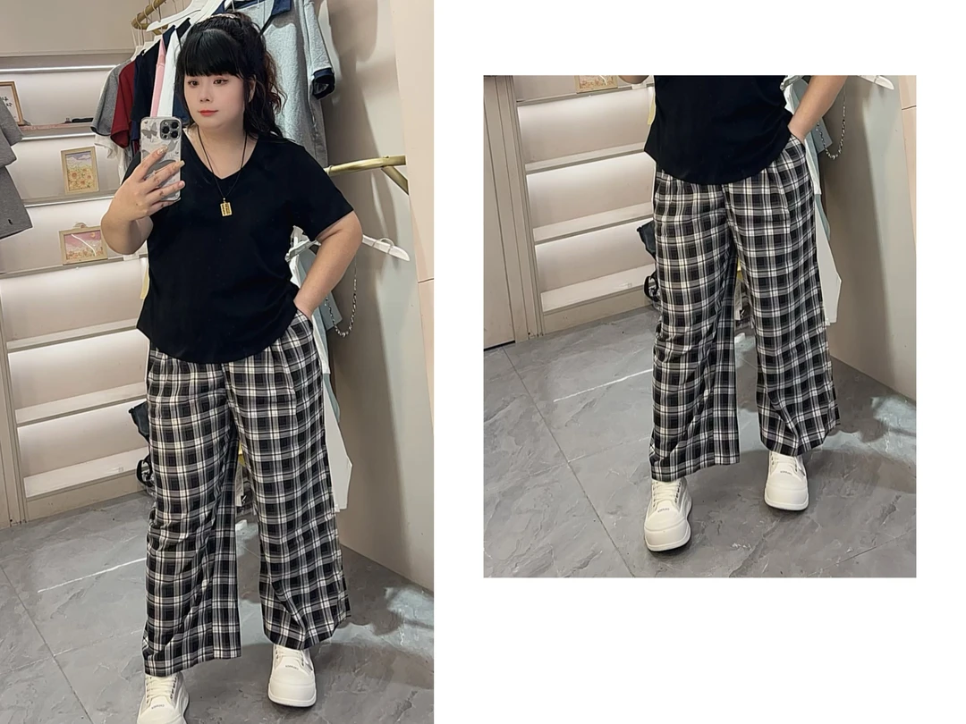 35321夏季薄款冰丝休闲显瘦气质格子阔腿裤