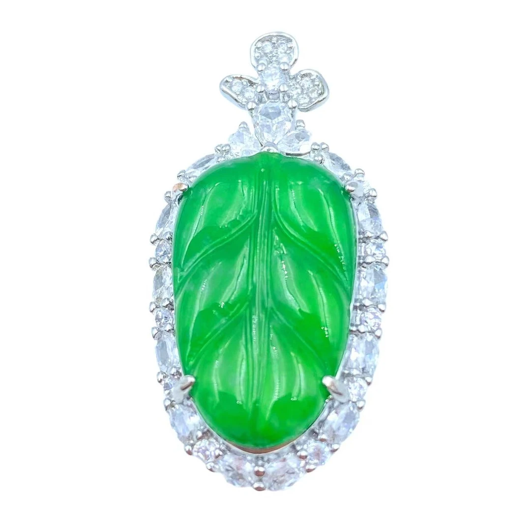 翡翠高冰满钻绿叶子贵气吊坠F947（赠链）