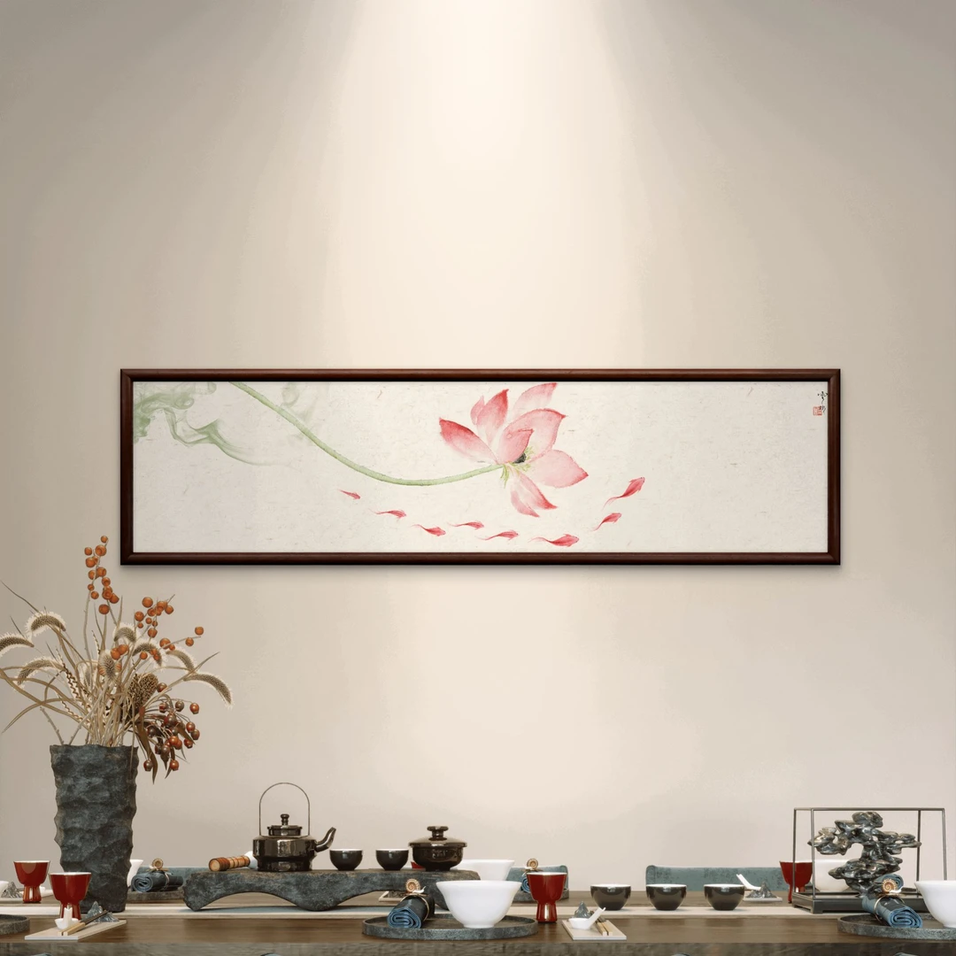 748-40*150荷花九鱼实木框办公室玄关书房茶室客厅挂画