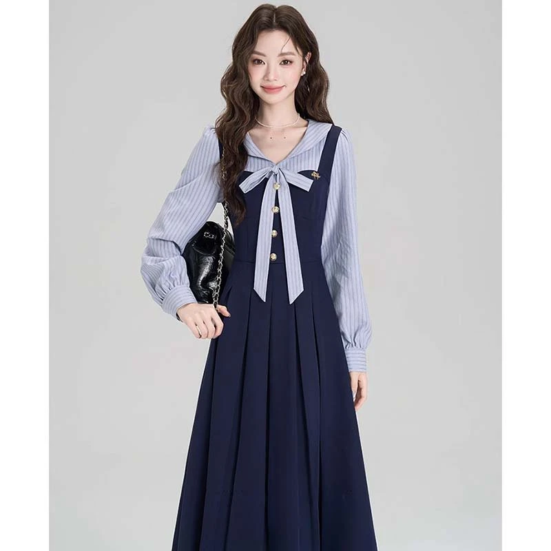 法式学院风复古减龄连衣裙女春秋设计感假两件收腰气质长裙LJ0016