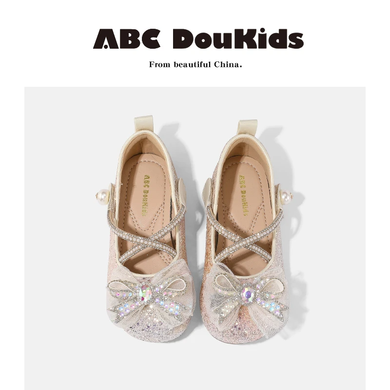 ABC Doukids女童发光公主鞋2025秋季新款儿童闪亮蝴蝶结水晶鞋