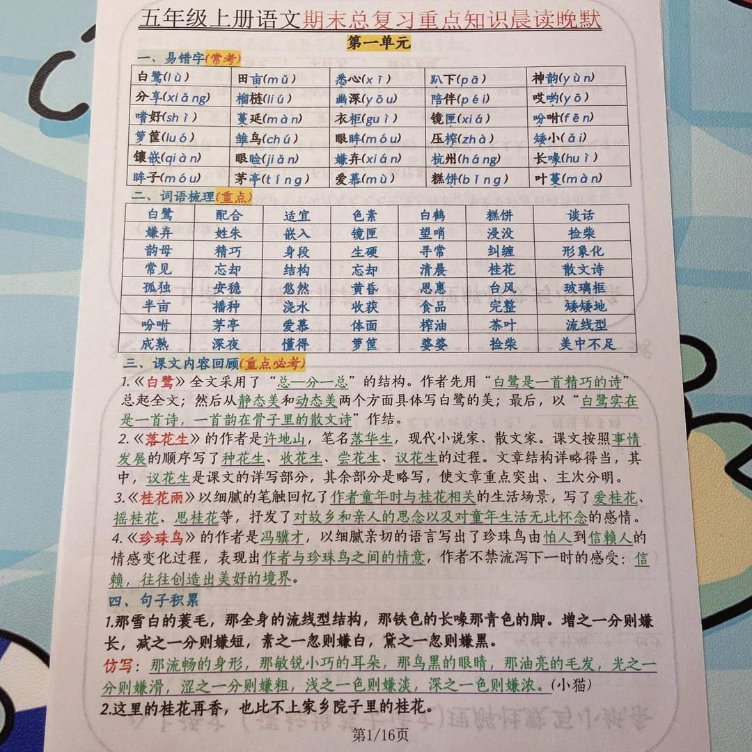 2025年秋季五年级上册语文1-8单元知识点汇总期末知识点晨读晚默