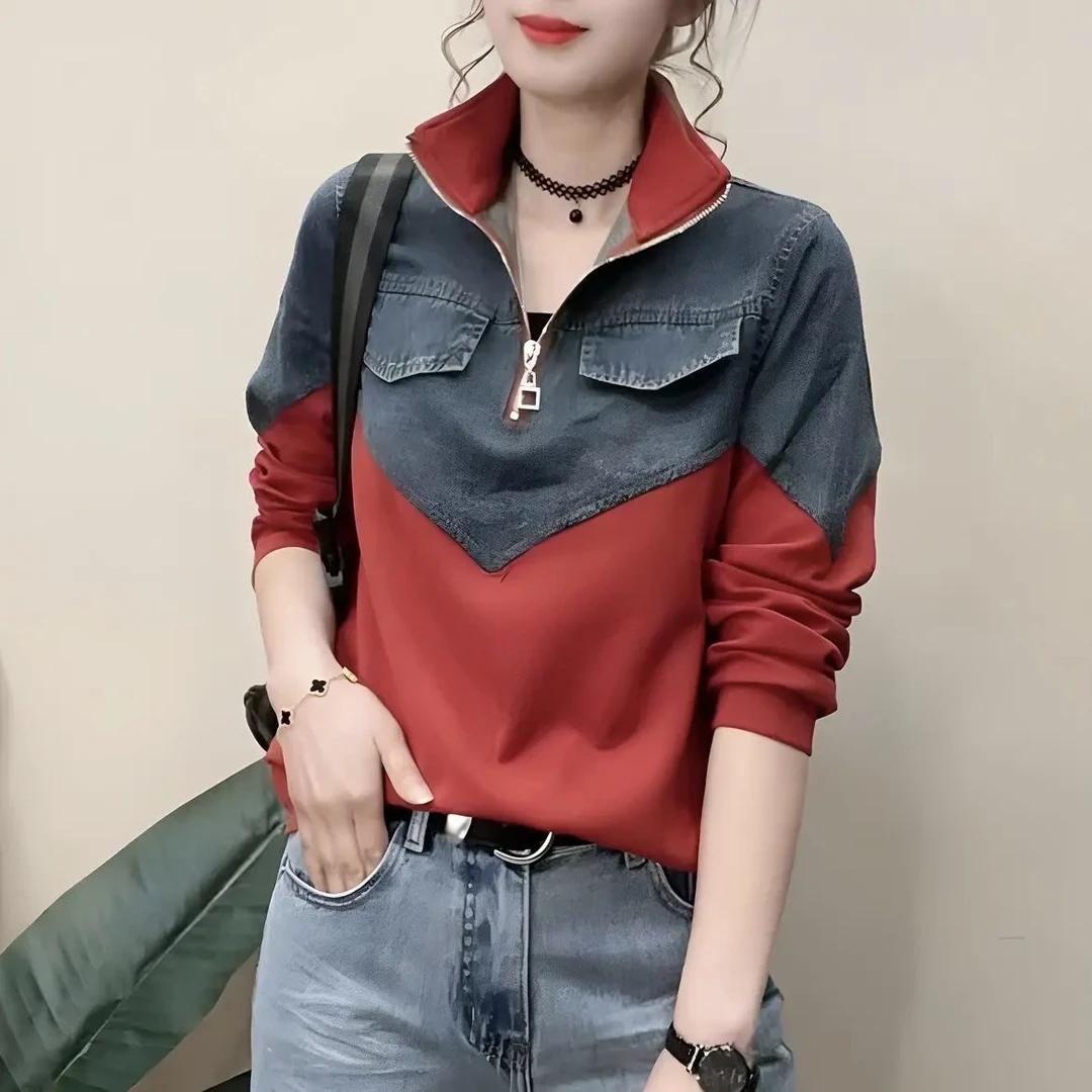 千奇梦立领T恤2025新款时尚休闲牛仔气质拼接百搭显拉链长袖超精