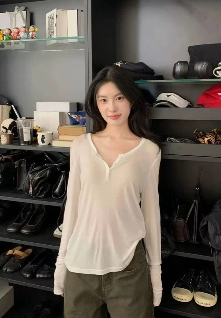 惠惠大码极简风慵懒风圆领V领防晒长袖T恤轻奢显瘦女士欧美风