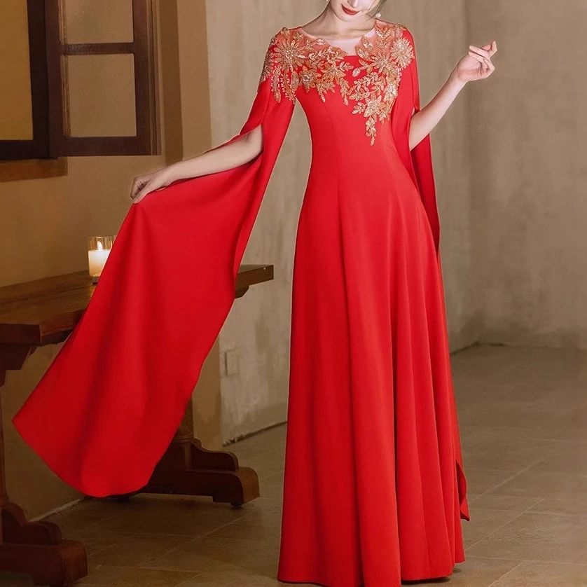 红色晚礼服高端合唱演出服中国风主持人艺考民歌独唱演奏高级感女