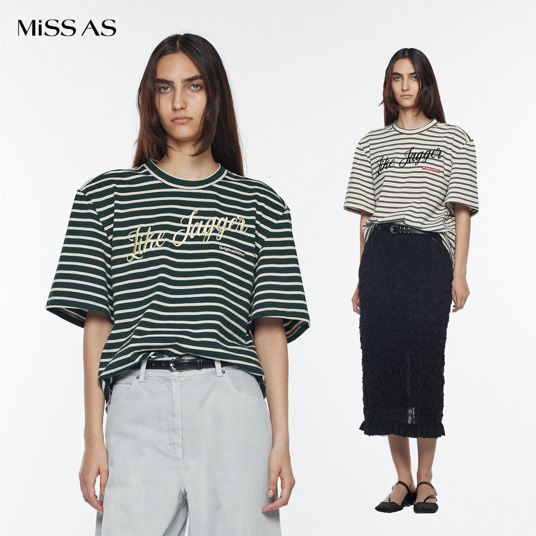 【YCH】休闲印花条纹T恤短袖百搭宽松圆领上衣26早春新款