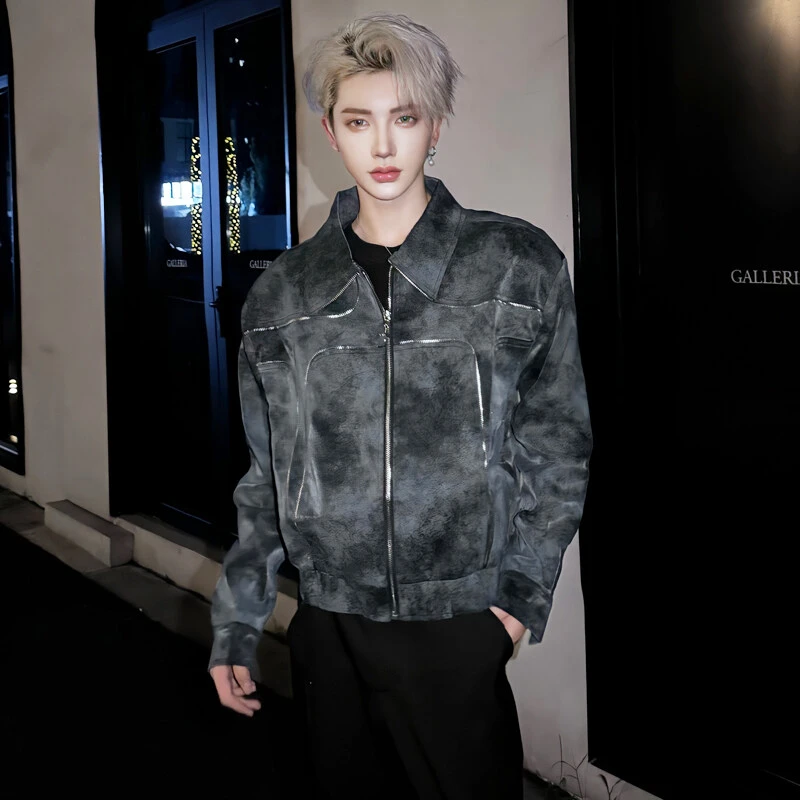 cleanfit痞帅垫肩pu皮衣外套男高级感解构设计短款夹克复古机车服