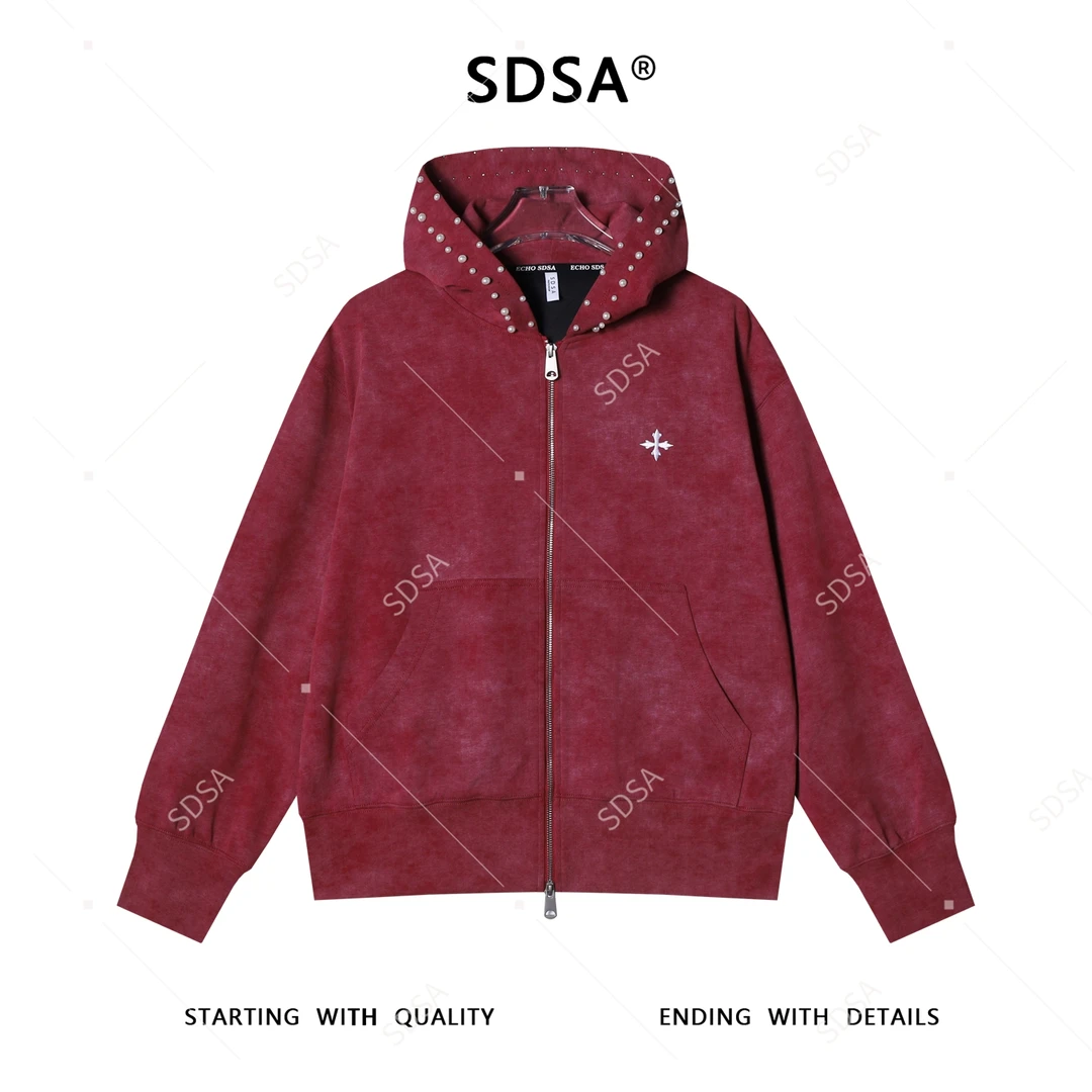 SDSA秋冬新款痞帅男装潮牌立体珠子撞色拉链连帽卫衣刺绣百搭上衣