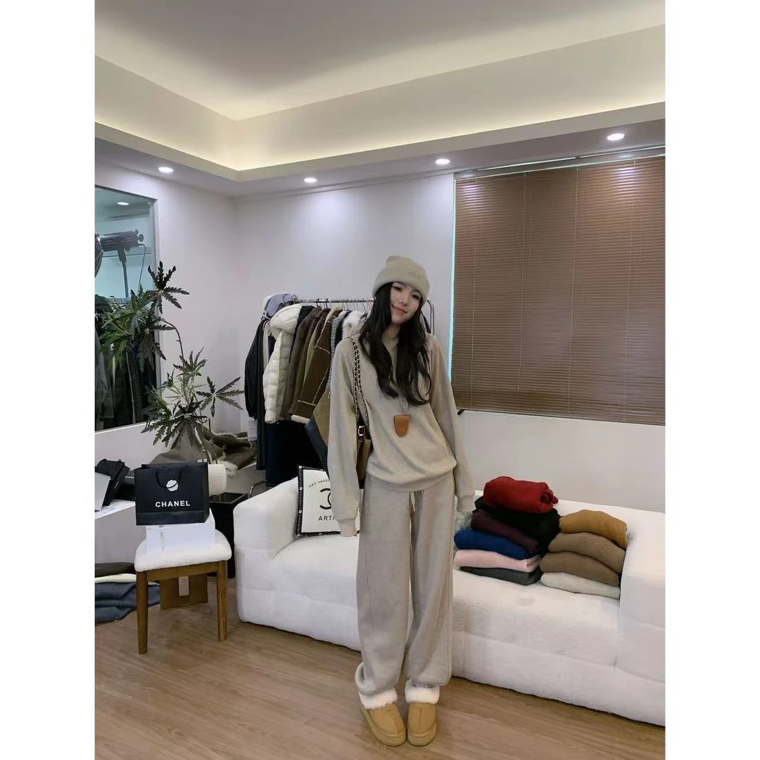 48h【宅家Z爱】加长冬季运动休闲加绒卫衣&束脚卫裤套装 25394