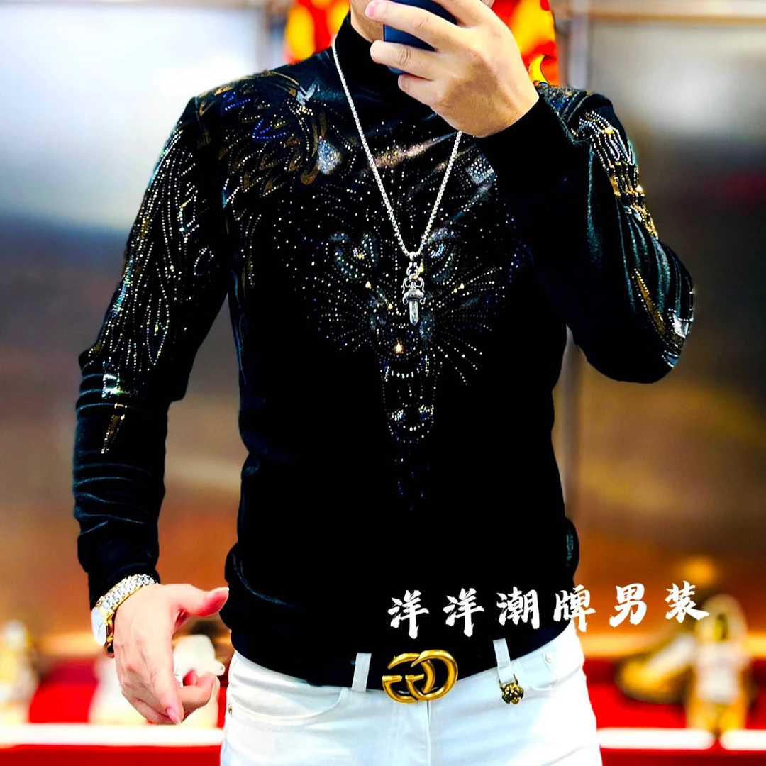 秋冬新款烫钻提花狼头时尚百搭潮流痞帅轻奢欧货男士加绒卫衣潮