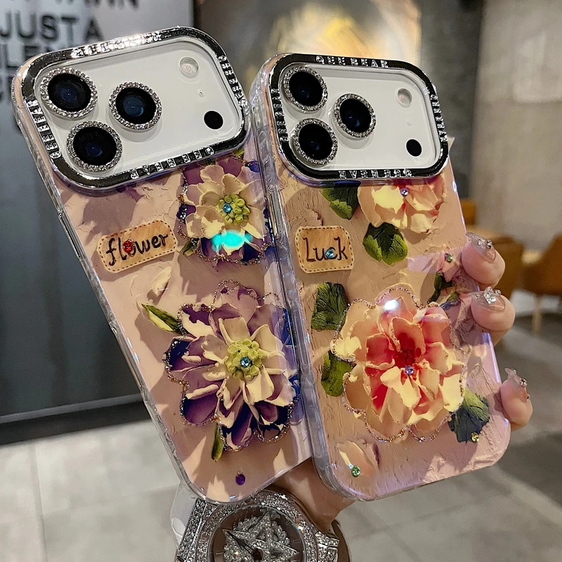 适用苹果系列iPhone17新款手机壳小众风复古蓝盆花闪砖电镀镜头膜