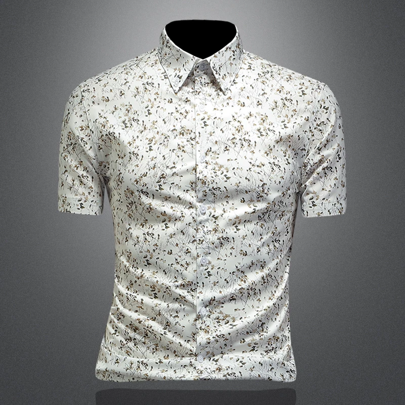 约文库费高端时尚春夏季男士短袖衬衣商务休闲碎花个性修身款衬衫