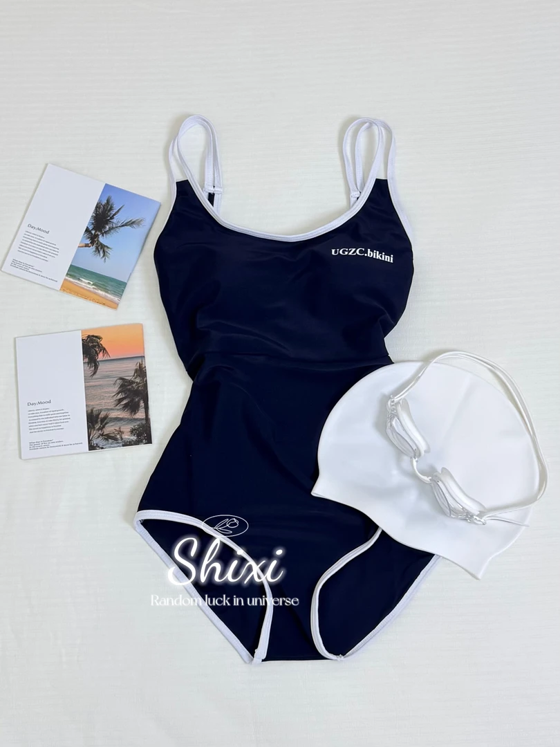 海屿白丨双层可拆卸胸垫低叉简约低调藏蓝专业竞速连体三角泳衣