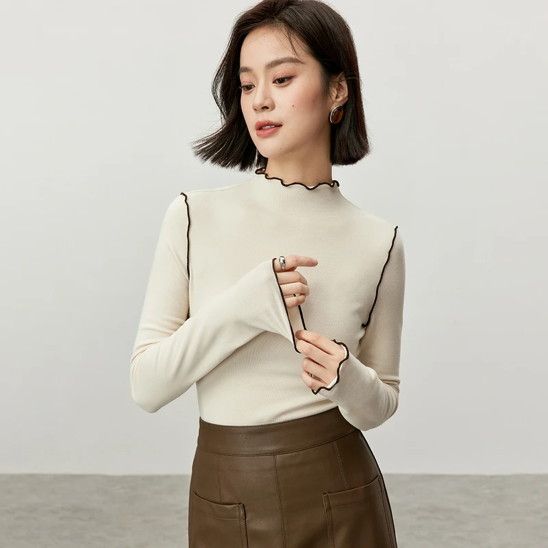 尚都比拉通勤立领撞色波浪密边软糯加绒长袖修身针织打底衫56813