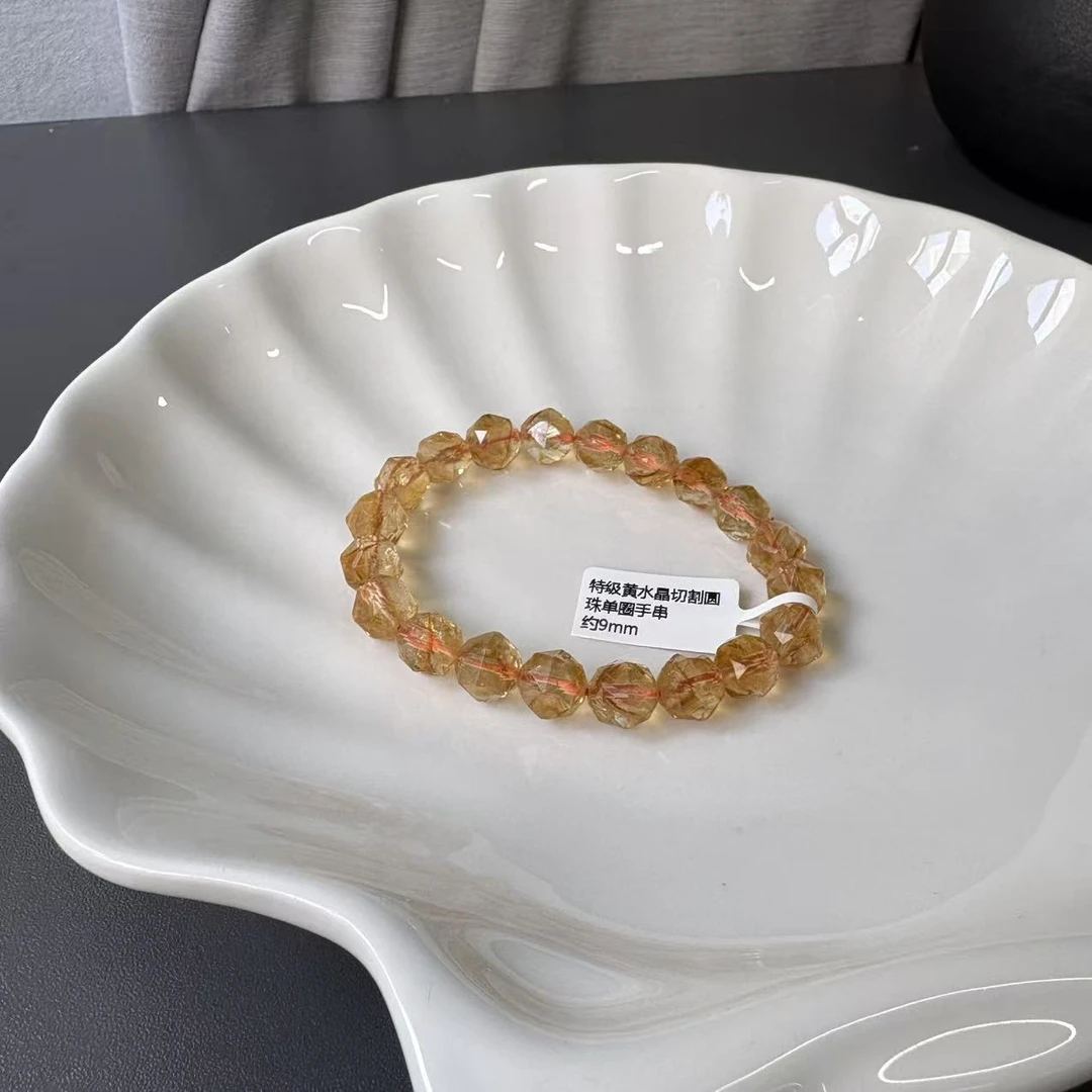 特级黄水晶切割圆珠单圈手串约9mm