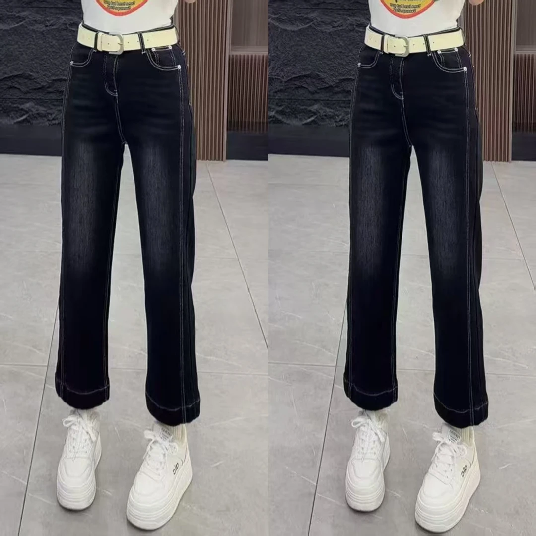 冬季6715 加绒明线显瘦高腰直筒牛仔裤