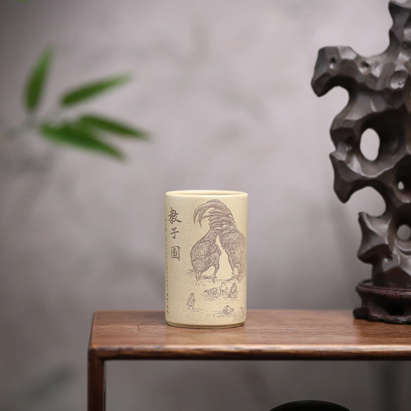 手工杯 | 宜兴紫砂杯 《教子图》本绿直筒手工主人杯