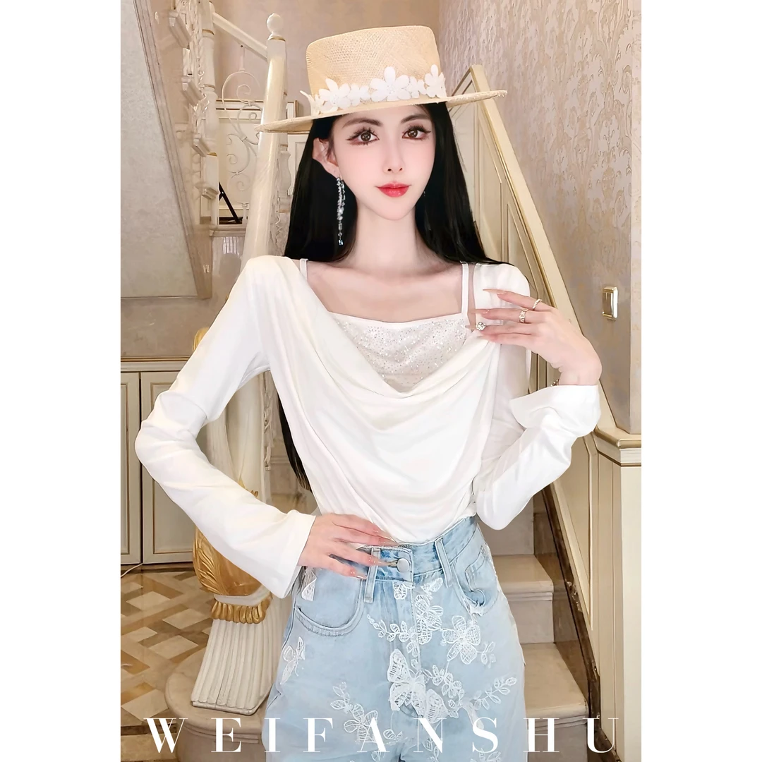 WEIFANSHU/魏凡舒【宛如星河】早春新款时尚百搭显瘦假两件长袖上衣