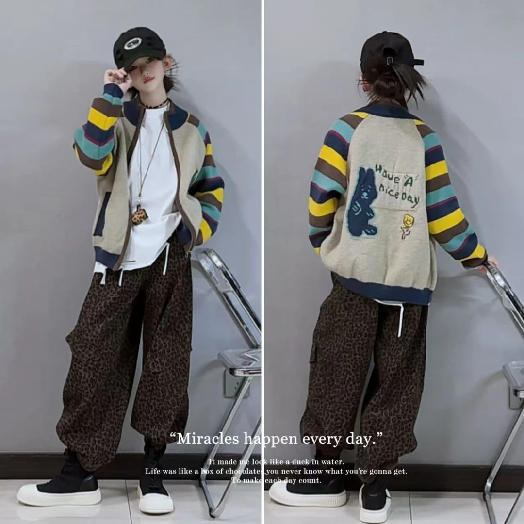 女童卫衣外套秋装2025新款儿童针织开衫女孩大童衣服慵懒风工装裤