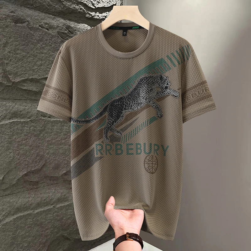 夏天中青年短袖霸气冰丝T恤男士豹子夏季流行大码上衣宽松休闲装
