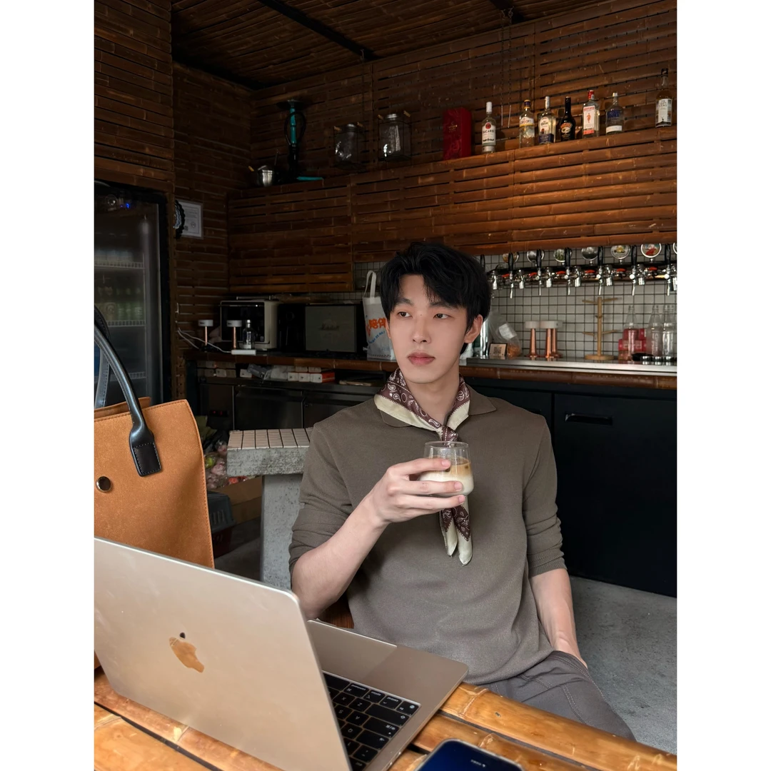 咖色针织老钱风长袖衬衫春秋修身轻商务男polo衫设计感小众优雅风