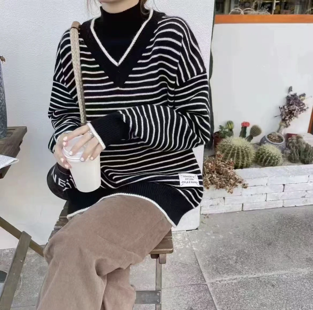 长袖百搭套头宽松型假俩件针织条纹针织衫休闲风
