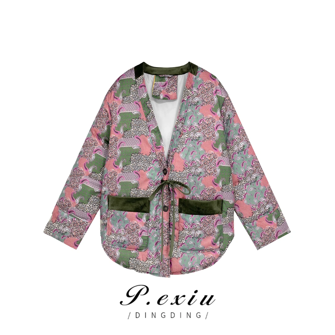 【花罗】新中式国风V领撞色羽绒服外套 MJ917