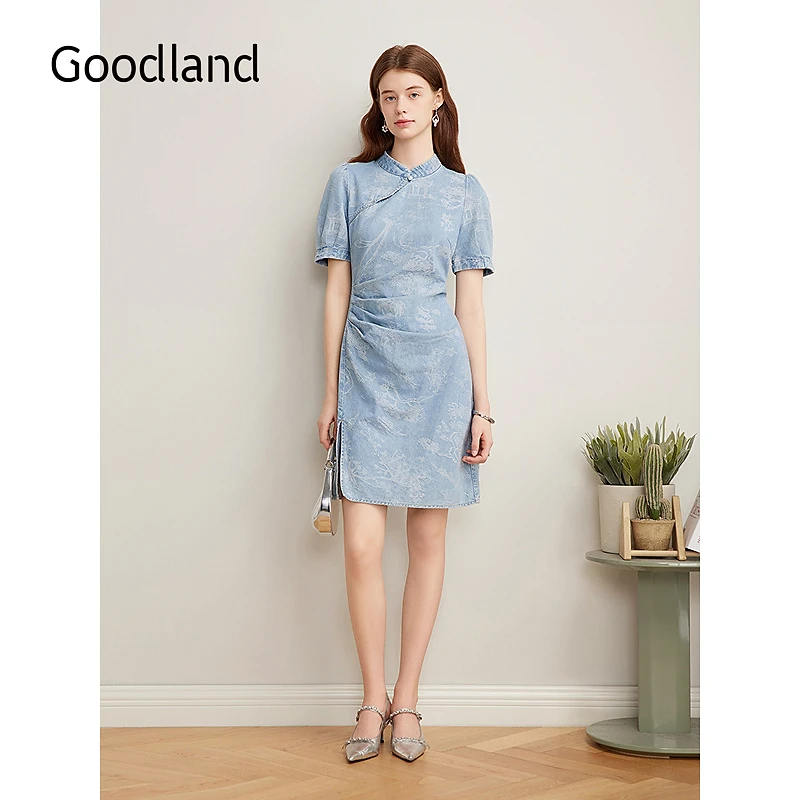 Goodland美地女装2025夏季新款新中式牛仔提花连衣裙短款旗袍裙