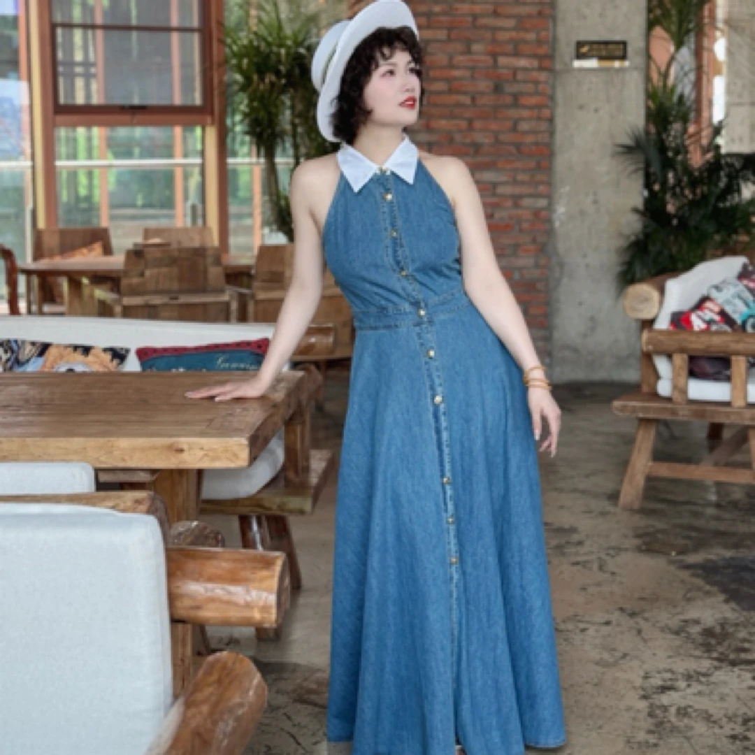 复古露腰无袖牛仔连衣裙女夏季盐系穿搭轻熟气质长裙子