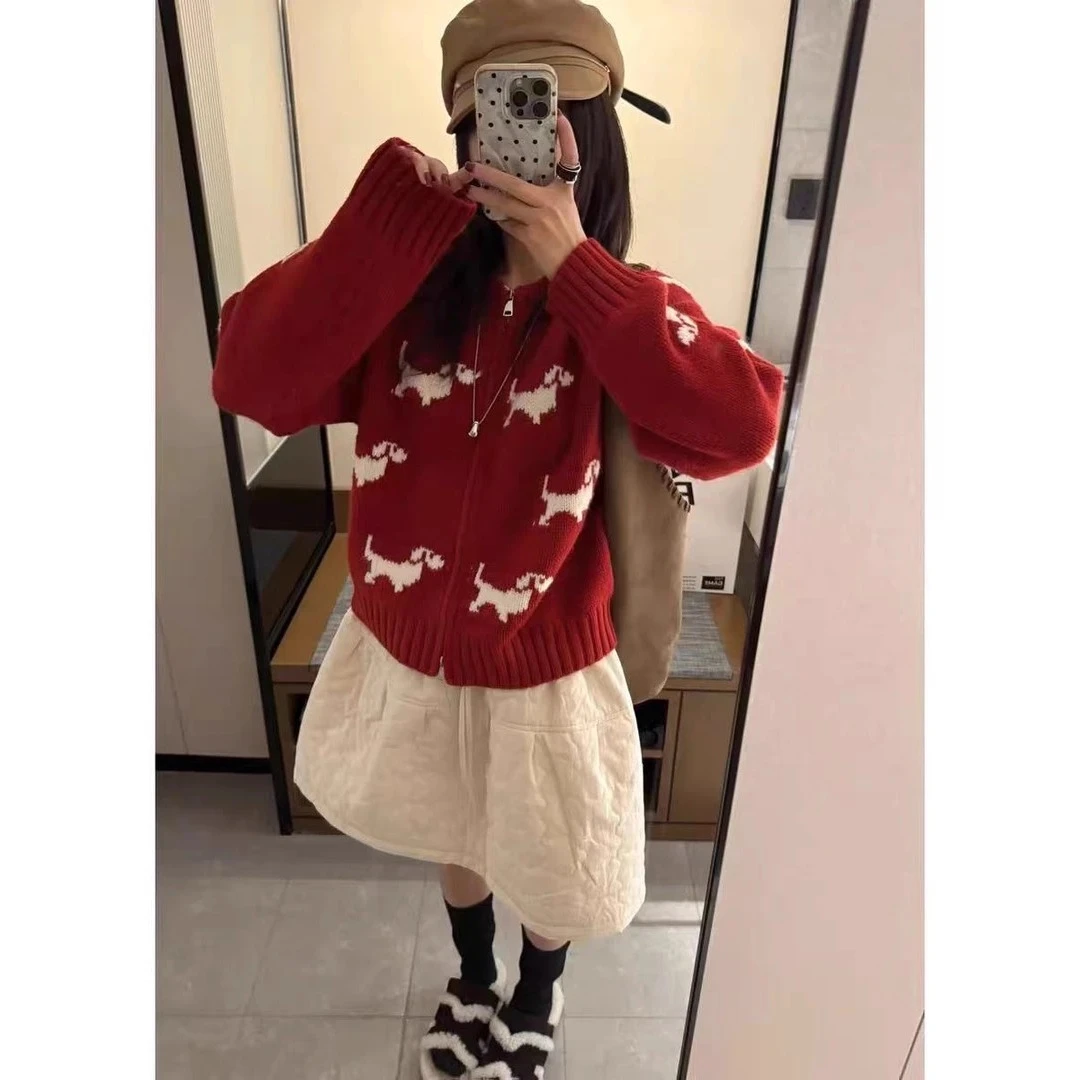韩系小狗图案双拉链毛衣外套女秋冬季上衣加厚巨好看复古针织开衫