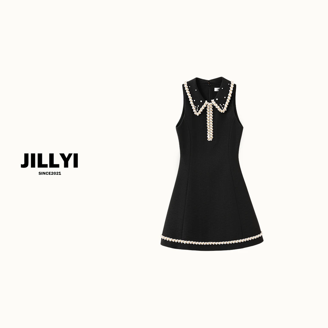 JILLYI珠海店【反转巴黎】黑色半开领编织珍珠工艺重工时尚连衣裙