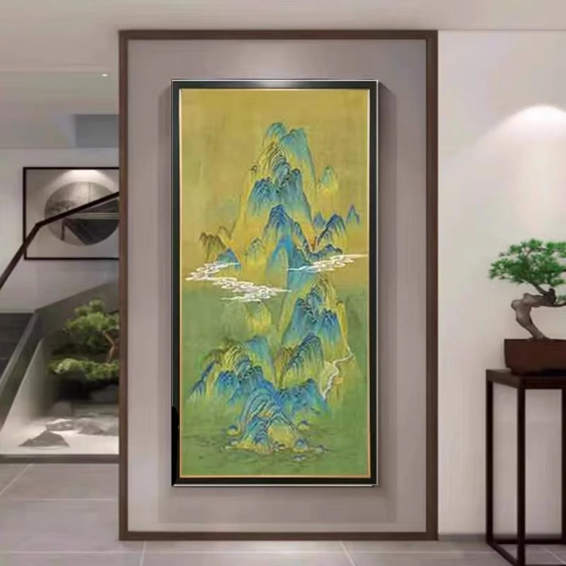 Q53【千里江山】竖版玄关山水客厅轻奢沙发挂画钢化玻璃装裱刺绣画