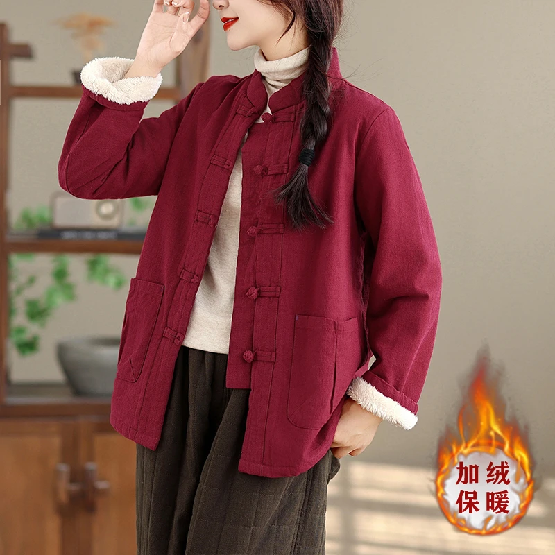 2025秋冬复古立领盘扣红色长袖外套女双口袋加绒加厚保暖棉衣棉袄
